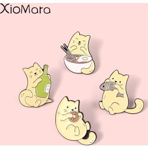 Food Cat Enamel Pins Big Bowl Wide Noodle Cat Wine Bottle Cat Eat Fish Cute Animal Badge Kids Hat Lapel Brooches Cartoon Jewelry