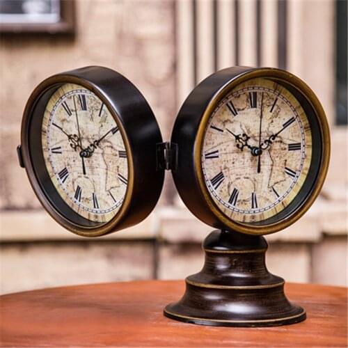 EUROPEAN ANCIENT 2 SIDED TABLE CLOCKS RETRO DESK CLOCK HOME DECOR IRON