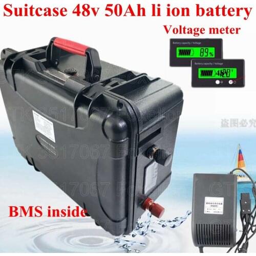 Suitcase 48v 50Ah li ion battery pack waterproof case 100A BMS for 5000w EV motor rv bike power energy storage + 5A charger fast