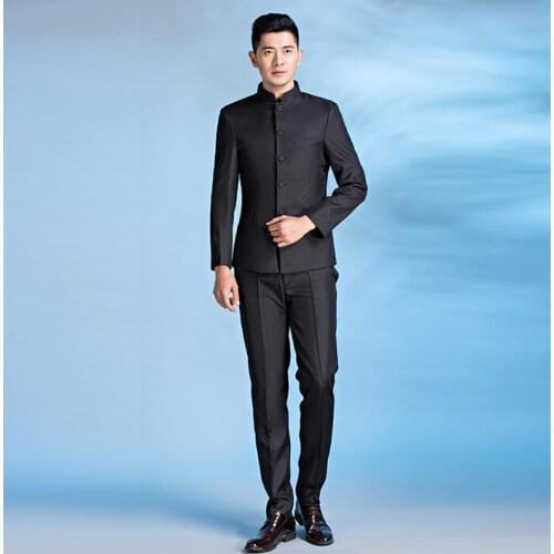 Chinese tunic suit set mens stand collar slim chinese style groom wear tang suits mens tunic suit chinese collar suit black