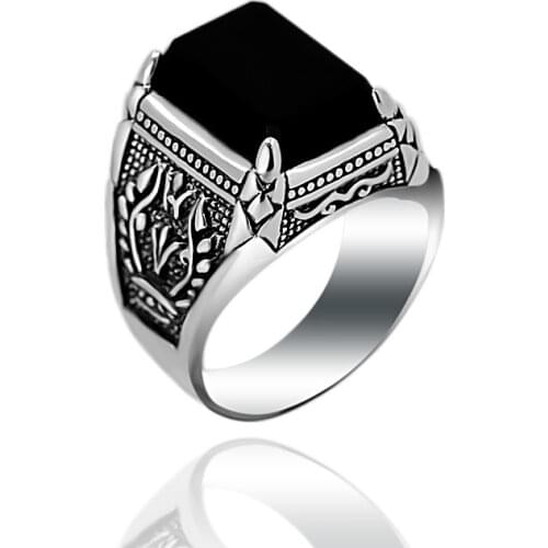 100%Real 925 Silver Black Zircon Ring For Men Female Engraved Flower Men Fashion Sterling Thai Silver Jewelry Onyx