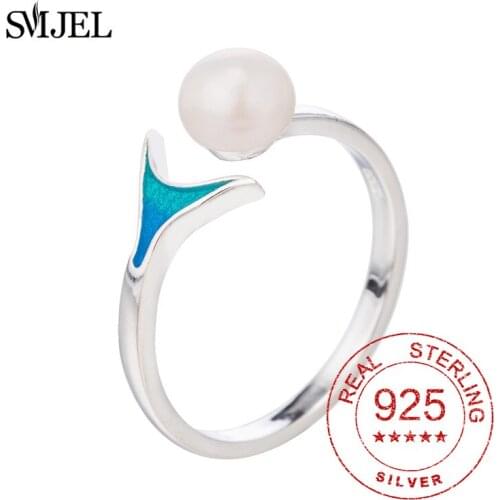Real 925 Sterling Silver Cute Tail Pearl Rings Personality Adjustable Ring Fine Jewelry For Women Party Elegant Accessories