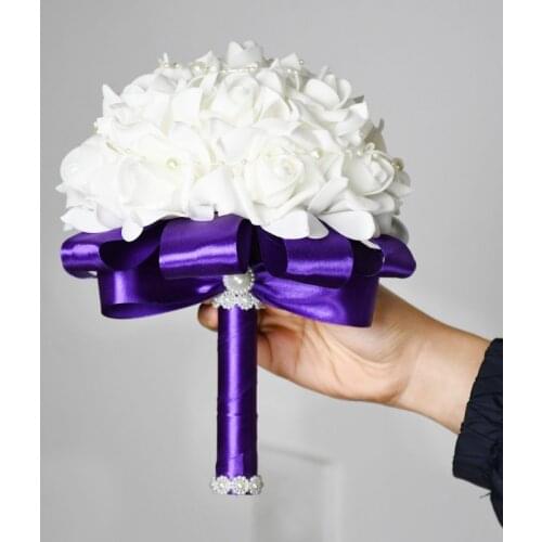 2020 Cheap PE Rose Bridesmaid Wedding Foam flowers Rose Bridal bouquet Ribbon Fake Wedding bouquet de noiva Free Shipping