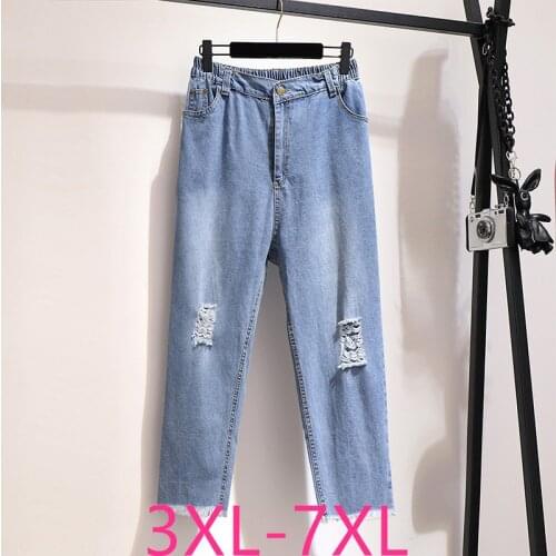 New spring summer plus size jeans for women large loose casual elastic waist hole denim long pants wathet 3XL 4XL 5XL 6XL 7XL