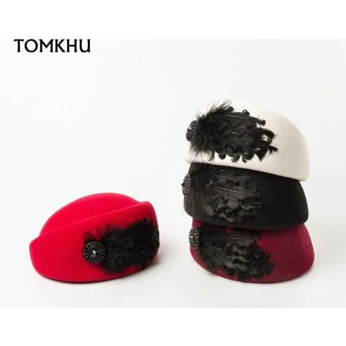 New Women Wool Felt Cap Ladies Pillbox Hats With Black Feather Insignia Solid Beret Stewardess Air Hostesses Hat Base Fedoras
