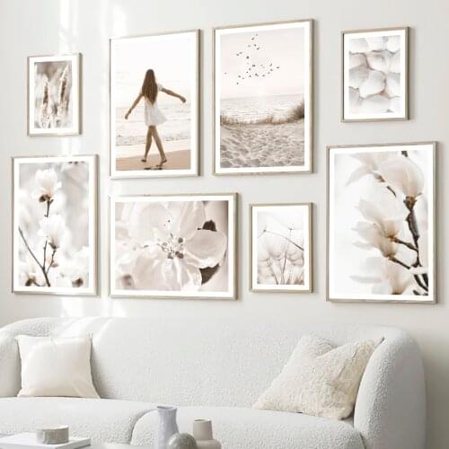 Beach Walk Girl Spring Flower Dandelion Reed Birds Nordic Poster Wall Art Print Canvas Painting Decor Pictures For Living Room