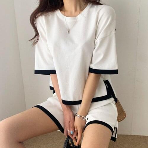 Casual Knitted Womens Shorts + O-neck Short Sleeve Tops Patchwork Summer T Shirt New Womens Tracksuit Loose Shorts Sets