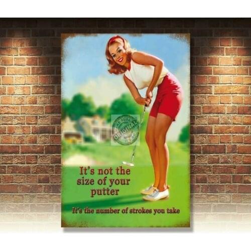 Putter Size, Funny Golf Joke Club, Vintage Pin Up Girl, Small Metal Tin Sign