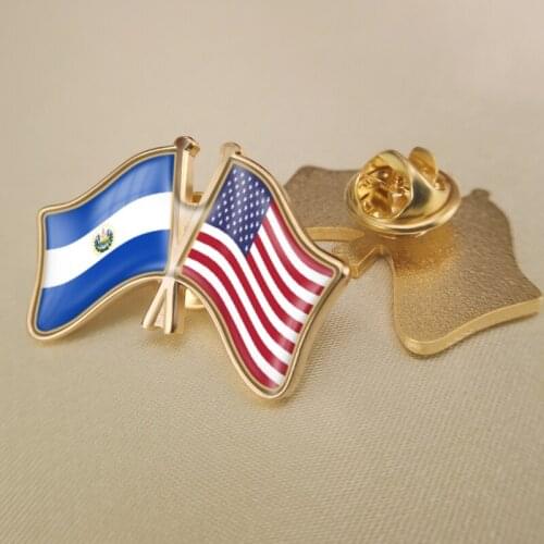 El Salvador and United States Crossed Double Friendship Flags Lapel Pins Brooch Badges