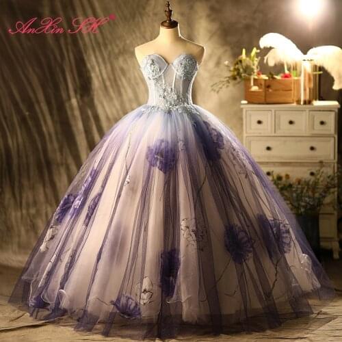AnXin SH vintage princess purple lace flower strapless sleeveless beading crystal bride ball gown host stage evening dress