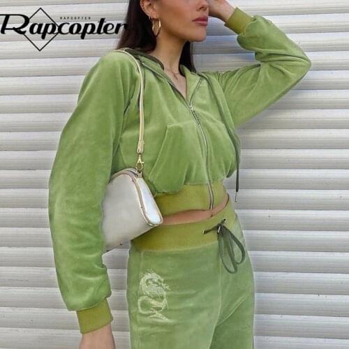 Rapcopter Green Velvet Jackets y2k Long Sleeve Coat Hooded Cropped Slim Outwear Women Vintage Casual Basic Jackets Sporty Autumn