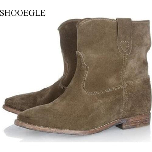 Women’s Autumn Winter Boots Height Increasing Vintage Shoes Woman Slip On Pointed Toe Short Boats Wedge Motorcycle Boots Female