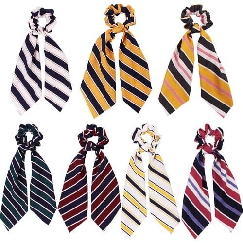 Women Girl Elastic Hairbands Scrunchie Streamer Accessories Scrunchies Vintage Stripe Ribbon Turban Ponytail Holder 50pcs F417