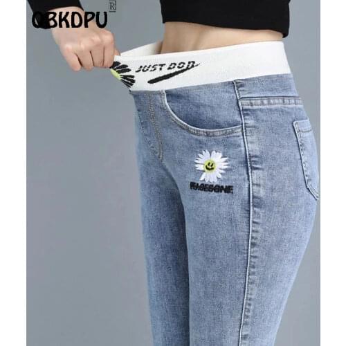 Plus Size Flower Embroidery Stretch Pencil Pants Women Slinny Denim Trousers Korean Style Slim Elastic High Waist Jeans Female