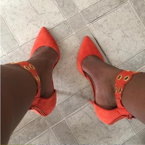 Women Orange White Color Cuts Out Ankle Pointed Toe Metal Circle Decoration Thin Heels Zipper Back Dress Party Pumps Shoes Lady
