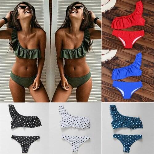 2019 Ruffles biquini Sexy Women padded one shoulder swimwear bikini set Push-up bra top low waist swimsuit Dot vintage beachwear