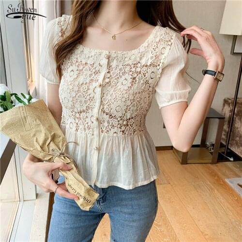 2021 Summer Solid Hollow Crochet Stitching Chiffon Women Short-sleeved College Style Shirt Casual Sweet Elegant Korean 15059