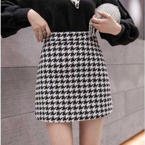 2021 New Autumn Winter Stylish Houndstooth Womens Woolen Skater Skirts High Waist A-Line Sexy Mini Female Black White