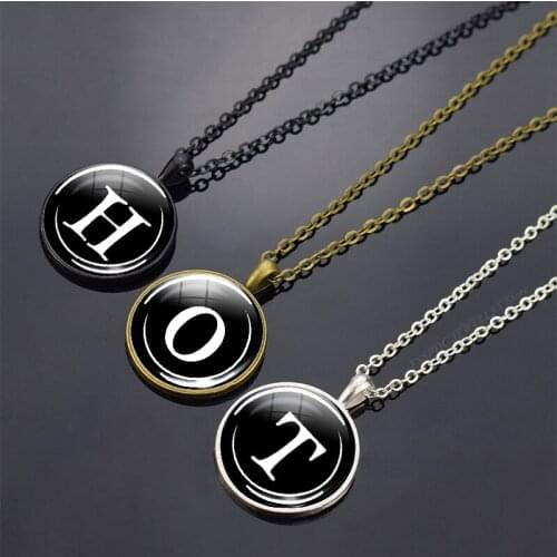 26 Letters Necklace A-Z Letter Glass Cabochon Jewelry Black Bronze Pendant Fashion Handmade Accessories Birthday Gifts