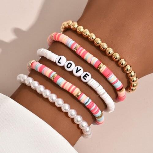 5pcs Boho Letter LOVE Charm Bracelet Set for Women Fashion Colorful Polymer Clay Disc Brush Friendship Bracelets Jewelry Gifts