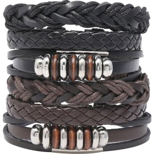 6Pcs/Set New Product Retro Beaded Braided Cowhide Bracelet Diy Six-piece Combination Adjustable Leather Bracelet