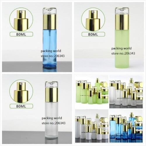 80ml frosted/green/blue glass bottle shiny gold pump& lid for serum/lotion/emulsion/foundation/gel skin care cosmetic packing