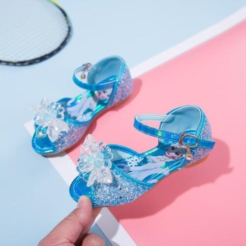 Disney Princess Kids Leather Sandals For Girls Frozen Elsa Glitter Crystal Children Flat Heel Girls Wedding Shoes For Party