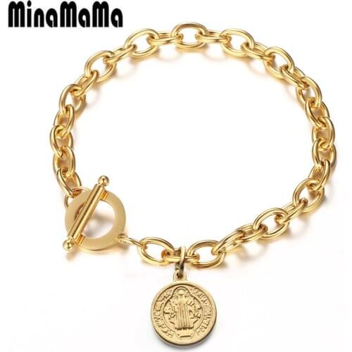 Christian Catholic 316L Stainless Steel Coin Tag Charm Link Chain Bracelet Round Jesus Bracelets For Woman Men Easter Day Gifts