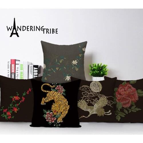 Flower Bird Cushion Cover Retro Throw Pillow Case Tiger Crane Decorative Linen Cushions Covers Bamboo Plant Pillowcases Kissen