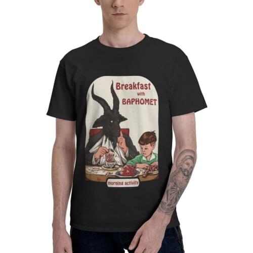 Breakfast With Baphomet T Shirts Men Short Sleeve Cotton T-shirts Devil Satan Demon Goat Tee Novelty Tshirts Gift Idea