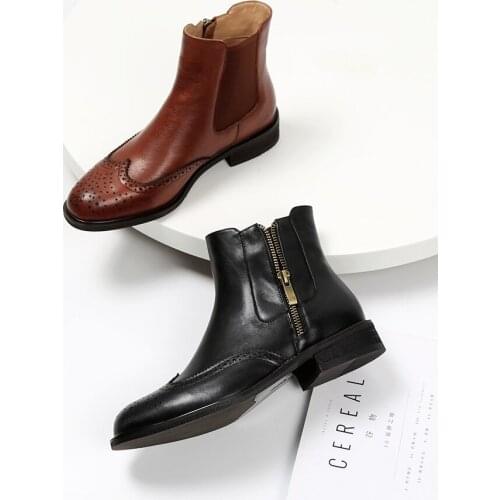 Genuine Cow Leather Chelsea Short Boots Womens Flat Ankle Boots Ladies Brogue Retro Brock Womens Shoes
