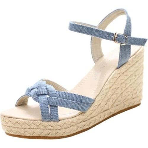 Summer Women Platform Sandals Open Toe Wedge Denim Shoe Ladies Straw Braid Ankle Strap Beach Sandal Espadrilles Dress Shoes