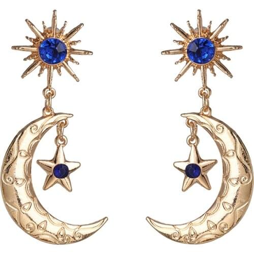 Fashion Simple Alloy Stars Moon Earrings Women Gold Color Large Long Drop Earrings Female Blue Crystal Statement ZA Earrings