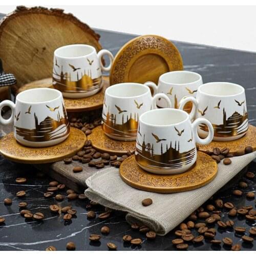 Hagia Sophia Istanbul Porcelain Set of 6 Coffee Cups Golden Pattern Elegant Design Turkish Coffee Ottoman Empire European Royal