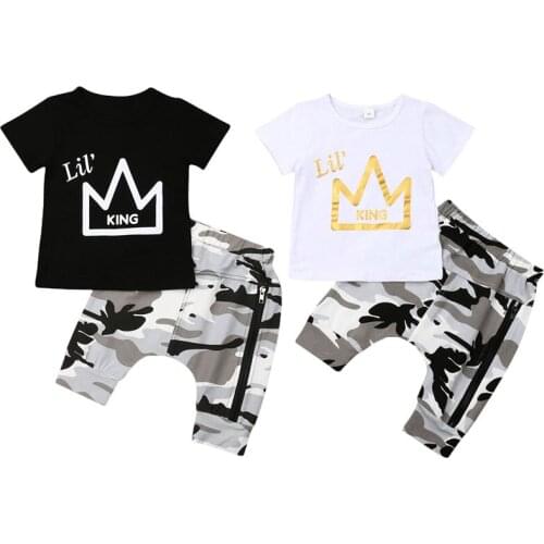 PUDCOCO Hot Newborn Kids Baby Boys Tops Kings Crown Short Sleeve T-shirt Camo Pants 2Pcs Outfits Set Clothes 0-5Years
