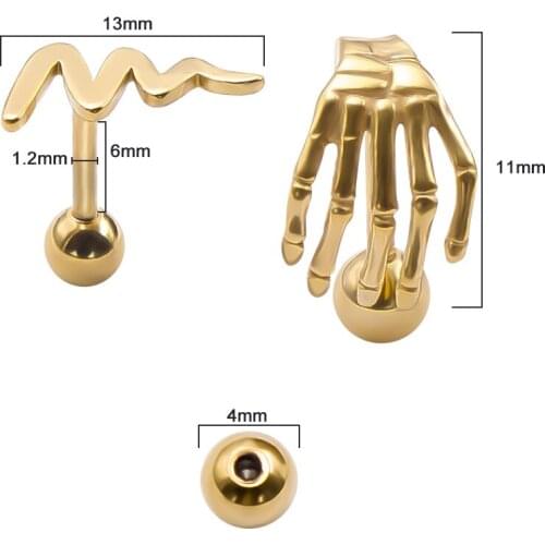 1 Pair Wave/Hand Shape Stud Earrings for Men Women Skeleton Ear Stud Stainless Steel Piercing Jewelry Ball Screw Earrings Stud