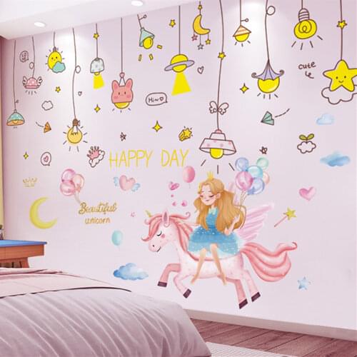 [shijuekongjian] Cartoon Girl Unicorn Wall Sticker DIY Chandelier Lights Wall Decals for Kids Bedroom Baby Room House Decoration