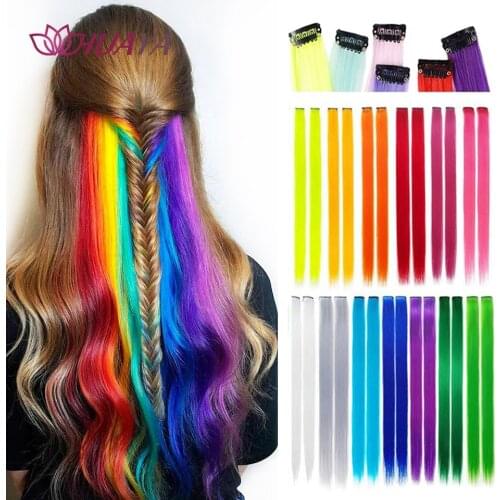 HUAYA Colorful Highlighted Hair Extension Clip Synthetic Long Straight kanekalons Colored Strands Fake Hair