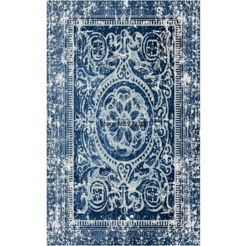 Ethnic Style Retro Old Flower Geometric Carpet Blue Bedroom Carpet Decoration Washable Doormat Corridor Carpet Floor Mat
