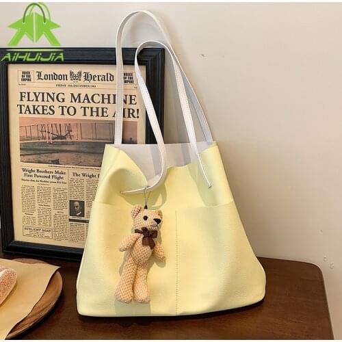 Elegant Armpit Large Capacity Handbags for Women Solid Color High Quality PU Leather Shoulder Bags 2 in 1 New Simple Ladies Tote
