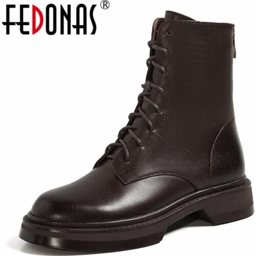 FEDONAS Back Zipper Women Ankle Boots Genuine Leather Low Heels Cross-Tied Fashion Concise Casual Shoes Woman 2021 Autumn Winter