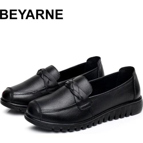 BEYARNE Women Mother Female Old Shoes Flats Loafers Cow Genuine Leather Solid Slip On Round PU Non Slip Casual 35-41E088