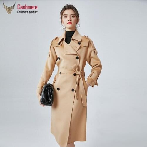 Female Wool Coat Long Autumn Cashmere Coat Womens Winter Fashion Loose With Epaulettes Double-Breasted Camel Water Ripple Coat