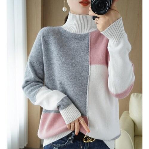 Zocept 2020 New Sweater Womens Turtleneck Color Matching 100% Pure Wool Pullover Fashion Plus Size Warm Knitted Bottoming Shirt