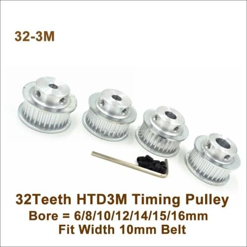 POWGE 32 Teeth 3M Timing Pulley Bore6/8/10/12/14/15/16mm Fit W=10mm HTD 3M Synchronous Belt 32T 32Teeth HTD3M Pulley CNC Machine