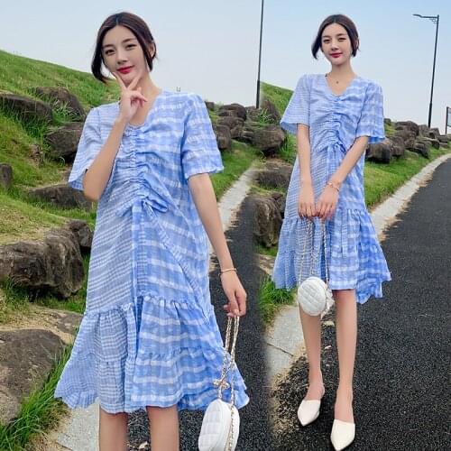 8221# Maternity Dress Summer Cotton Short Sleeve Loose Stylish Asymmetric Dress for Pregnant Women Mom Dress