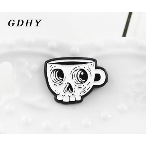 GDHY White Skeleton Coffee Cup Brooch Enamel Pin Skull Tea Cup Deaths Skull Cafe Lapel Shirt Brooch Emblem Halloween Gift