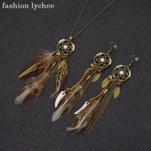 Fashion lychee Brand New Women Bohemian Dream Catcher Feather Dangle Earrings Tassel Pendant Necklace Jewelry Set