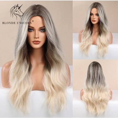 Blonde Unicorn Long Wavy Synthetic Wig Ombre Brown to White Blonde Middle Part Hair Natural Wavy Heat Resistant for Women