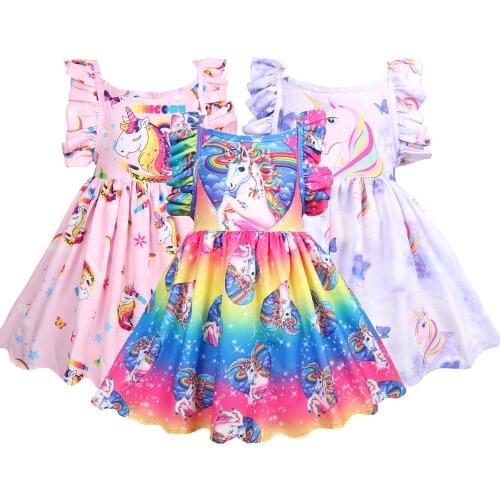 Pure Cotton Home Girls Dress Summer Cozy Full Print Unicorn Dresses For Girl Kids Party Clothes Toddler Children Clothes